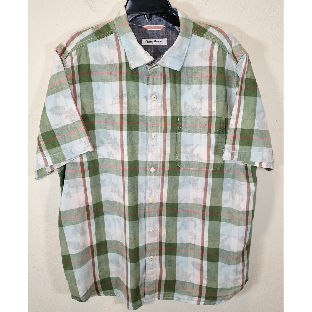 Tommy Bahama Button Up Shirt Mens XL Green Blue Plaid Floral‎ Lined Short Sleeve